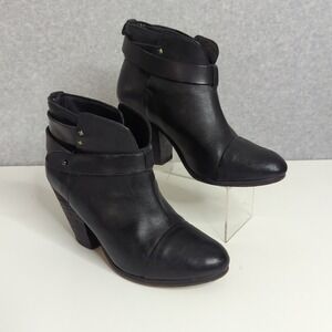 Rag & Bone Black Leather Heeled Ankle Moto Boots Buckle Accents Womens 37.5